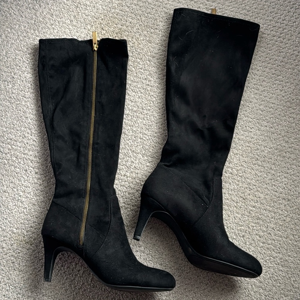 BCBG Rocko black stretch suede almond front gold zipper‎ tall boots heels Sz 10